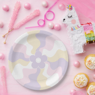 Happy Retro Daisy - Pastel Pink, Yellow and Purple Paper Plate
