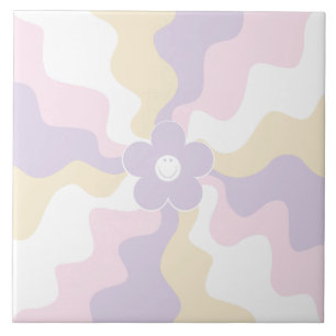 Happy Retro Daisy - Pastel Pink, Yellow and Purple Tile