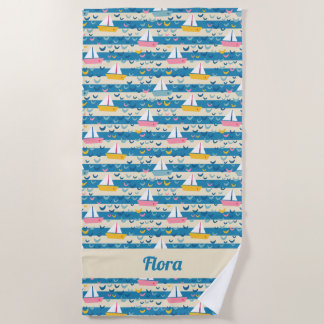 Happy retro pink sailing boats on blue stripes beach towel