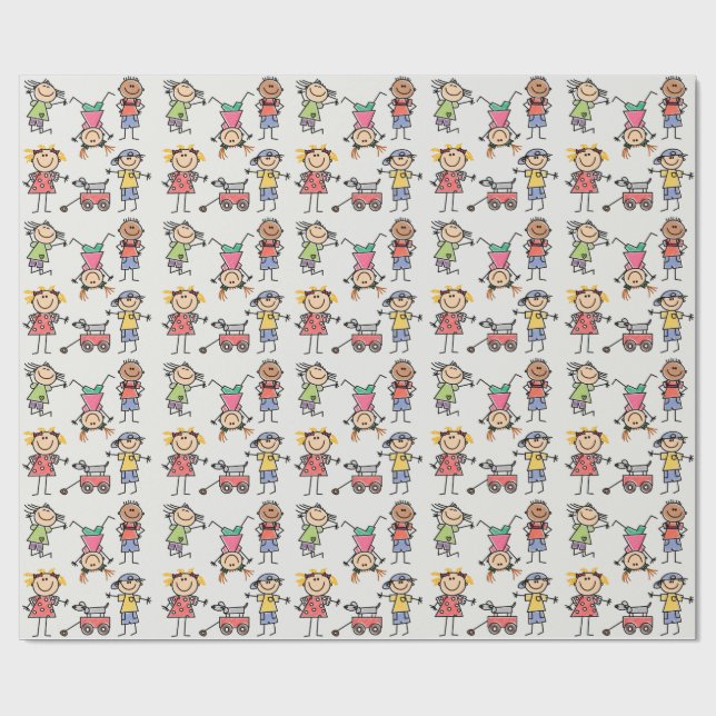 Happy Retro Playing Stickman Tumbling Children Wrapping Paper (Flat)