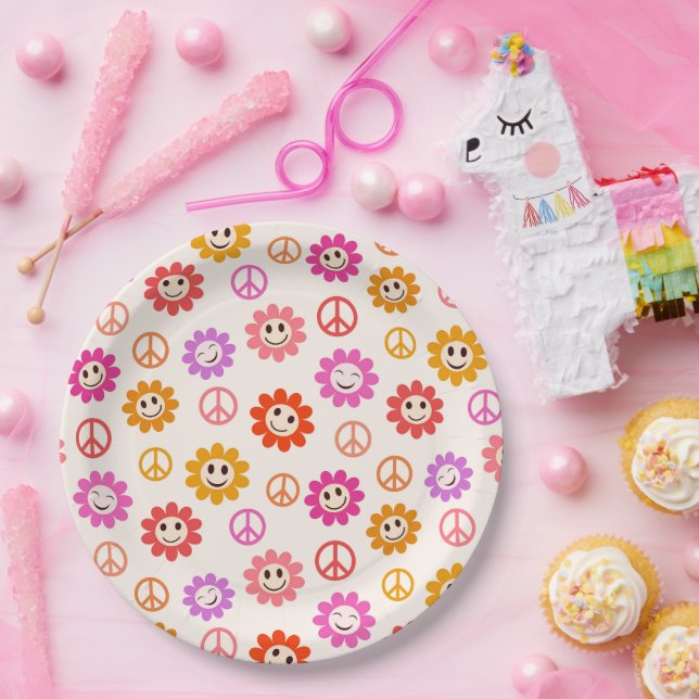 Happy Retro Smiling Flowers with peace signs  Paper Plate (Party)