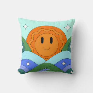 Happy Retro Sun Over Rolling Hills Cushion