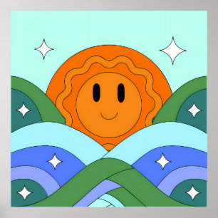 Happy Retro Sun Over Rolling Hills Poster