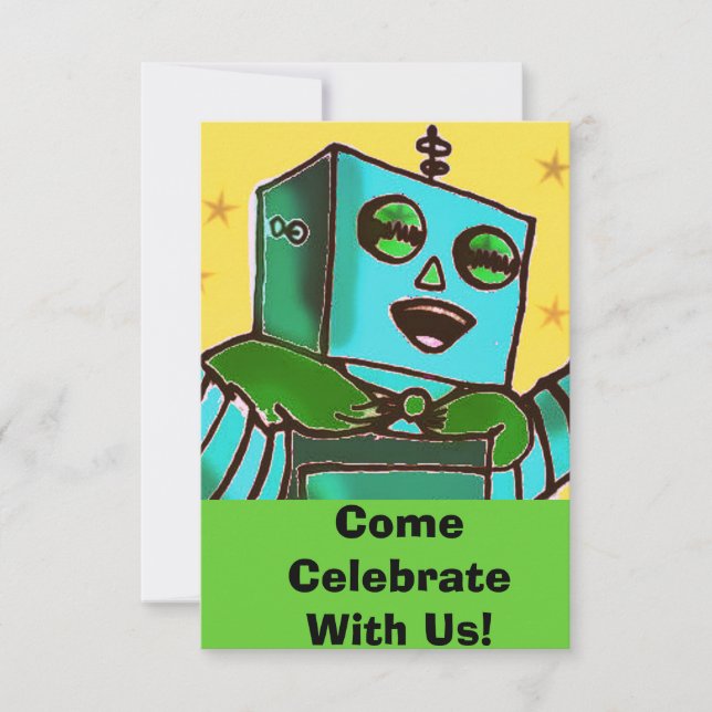 Happy Robot Comic Style Celebration Invitation (Front)