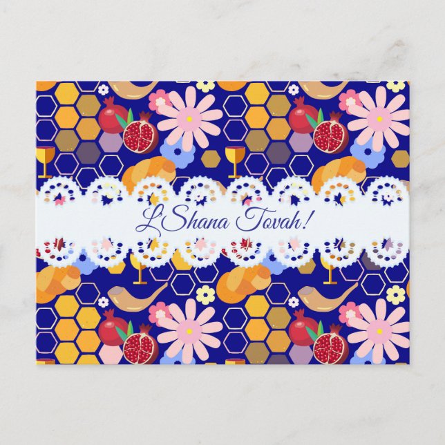 Happy Rosh Hashanah Jewish New Year Floral Pattern Holiday Postcard (Front)