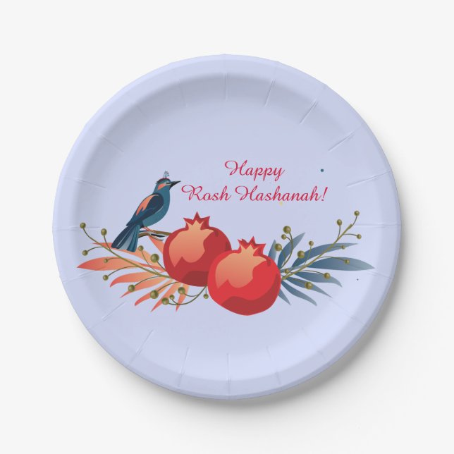 Happy Rosh Hashanah Jewish New Year Floral Pattern Paper Plate (Front)