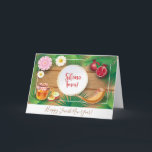 Happy Rosh Hashanah Jewish New Year Greeting Card<br><div class="desc">Happy Rosh Hashanah Hebrew Text "shana tova" Jewish New Year Holiday symbols greeting card. Torah,  Honey and apple,  shofar,  pomegranate,  star of David on wood background,  Rosh hashana,  traditional fruits,  autumn,  sukkot. Judaica. Hand Drawn. Invitations & Stationery > Greeting Cards,  seasonal</div>