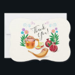 Happy Rosh Hashanah Jewish New Year Honey & Apple Thank You Card<br><div class="desc">Happy Rosh Hashanah Jewish New Year Holiday symbols greeting,  Thank You - card. Torah,  Honey and apple,  shofar,  pomegranate,  star of David on wood background,  Rosh hashana,  traditional fruits,  autumn,  sukkot. Judaica. Hand Drawn Watercolor. Invitations & Stationery > Greeting Cards,  Thank You,  seasonal. Include - Custom Text Template</div>