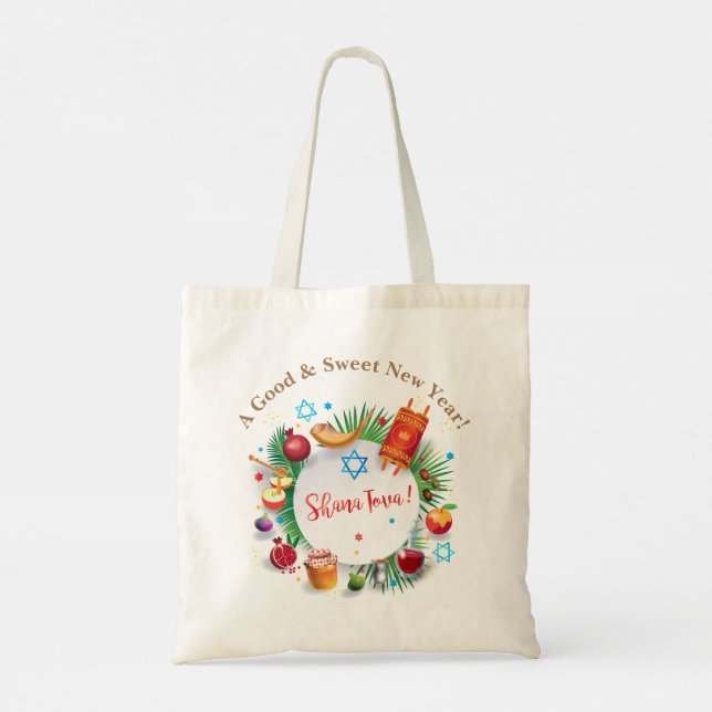 Happy Rosh Hashanah Jewish New Year Honey & Apple Tote Bag (Back)