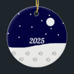 Happy Rural Winter: Ceramic Tree Decoration<br><div class="desc">It's a beautiful winter night out in the country. Some animals are out and about. You can see animal tracks in the snow. The moon is shining brightly. Snow is falling. Life is lovely. Customisable. Original work; (c) Sharon Lee Hudson. All rights reserved.</div>