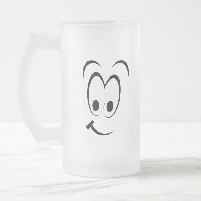 HAPPY SAD CARTOON FACE FROSTED GLASS BEER MUG (Left)