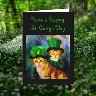 Happy Saint Catty's Day Festive Cats in Green Hats Holiday Card