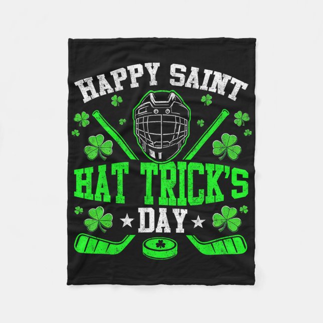 Happy Saint Hat Trick's Day Ice Hockey St. Patrick Fleece Blanket (Front)