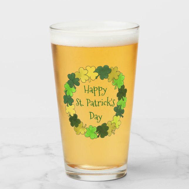 Happy Saint Patrick's Day Green Shamrock Wreath Glass (Front Filled)