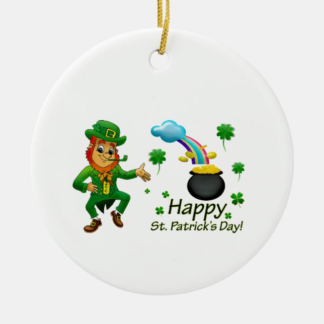 Happy Saint Patrick's Day Leprechaun Rainbow  Ceramic Tree Decoration (Front)