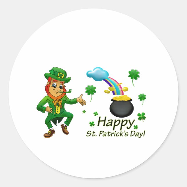 Happy Saint Patrick's Day Leprechaun Rainbow  Classic Round Sticker (Front)