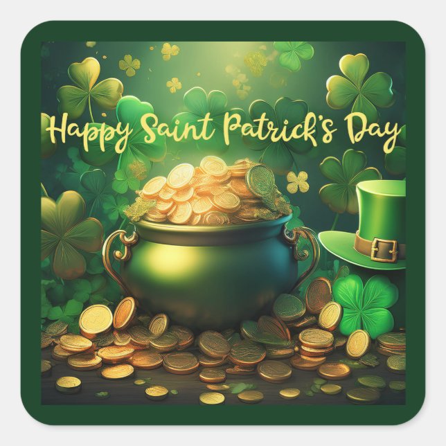 Happy Saint Patrick's Day Pot of Gold Coins Square Sticker (Front)