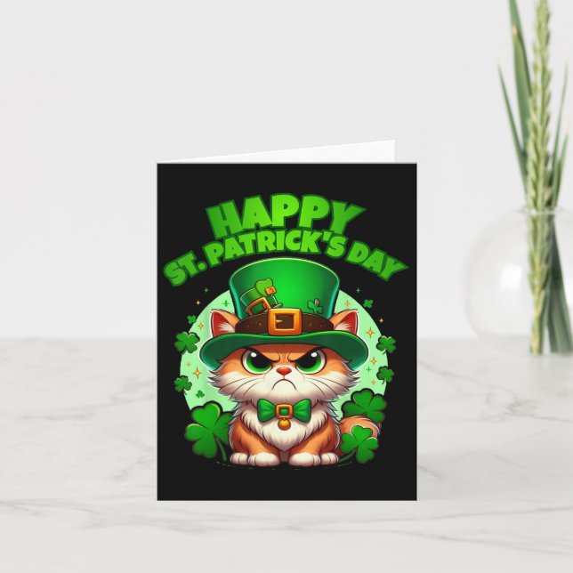 Happy Saint Patricks Day Shamrock Cat With Hat  Card (Front)