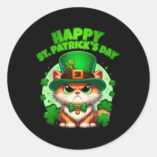 Happy Saint Patricks Day Shamrock Cat With Hat  Classic Round Sticker