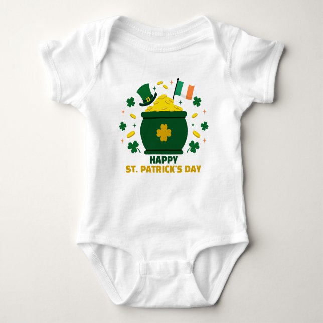 Happy Saint Patrick's Day with Clovers Pot of Gold Baby Bodysuit (Front)
