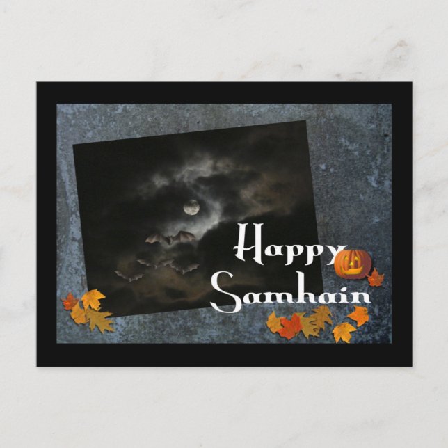 Happy Samhain!-Bats, Moon, Pumpkin Postcard (Front)