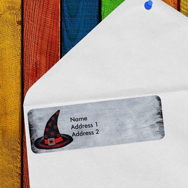 Happy Samhain Witch Hat Stars (Happy Samhain Witch black hat orange stars on faux painted white & black return address labels.)