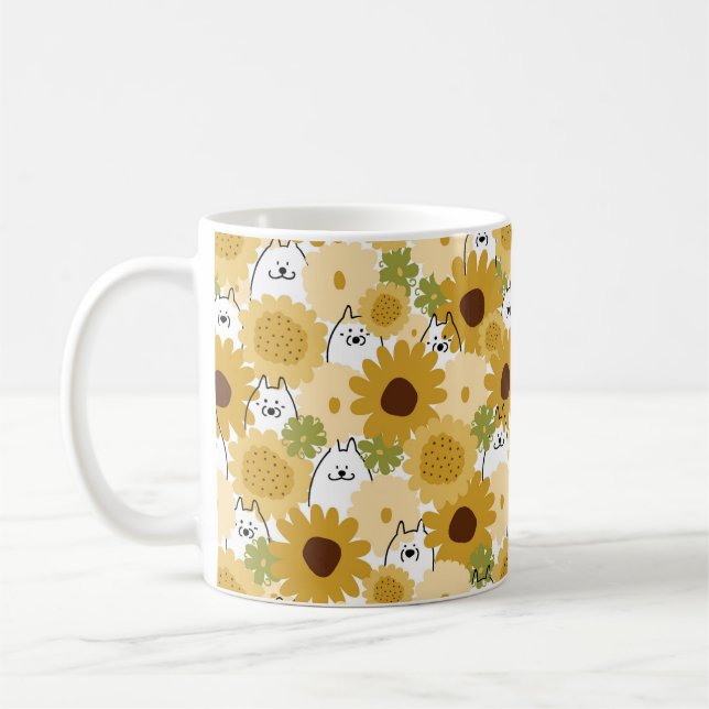 Happy samoyed dog in sunflower garden dog mum coffee mug (Left)