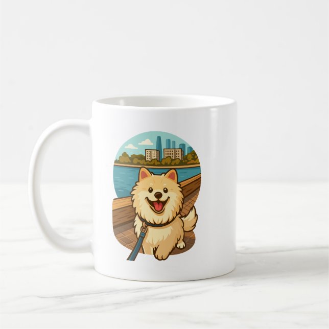 Happy Samoyed Walk by the City Waterfront Coffee Mug (Left)