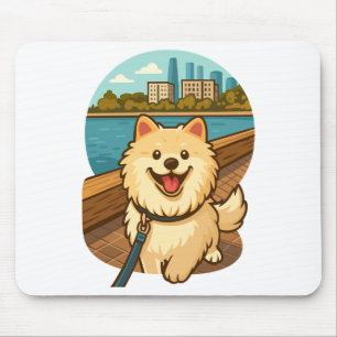 Happy Samoyed Walk by the City Waterfront Mouse Pad