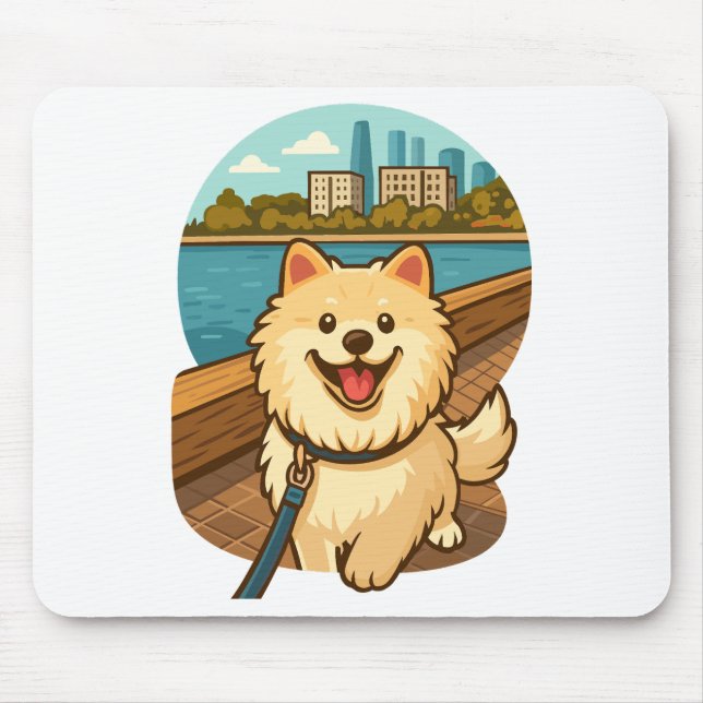 Happy Samoyed Walk by the City Waterfront Mouse Pad (Front)