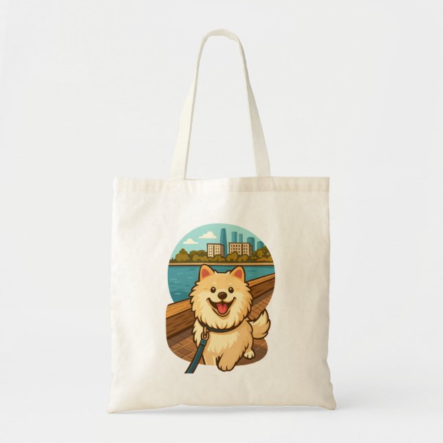 Happy Samoyed Walk by the City Waterfront Tote Bag (Front)