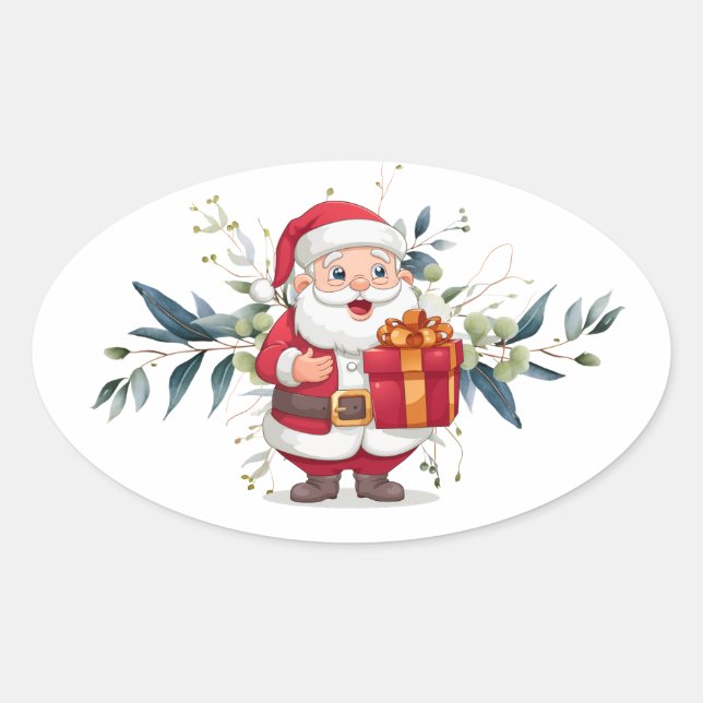 Happy Santa and Eucalyptus Oval Shaped Sticker (Front)