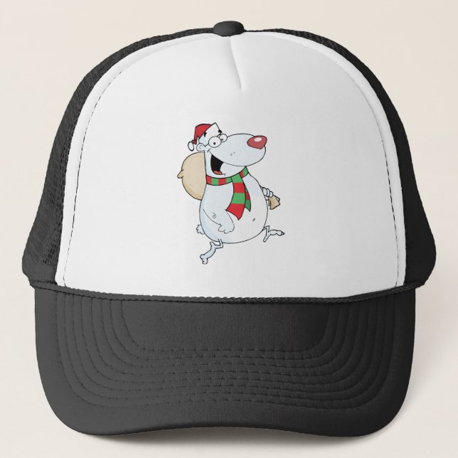 Happy Santa Bear Runs With Bag Trucker Hat (Front)