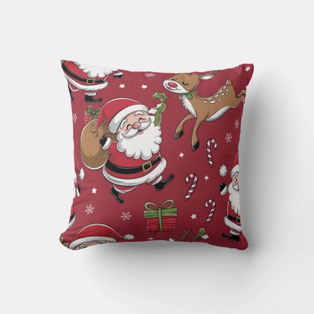 Happy Santa Christmas Red Pattern Cushion (Front)