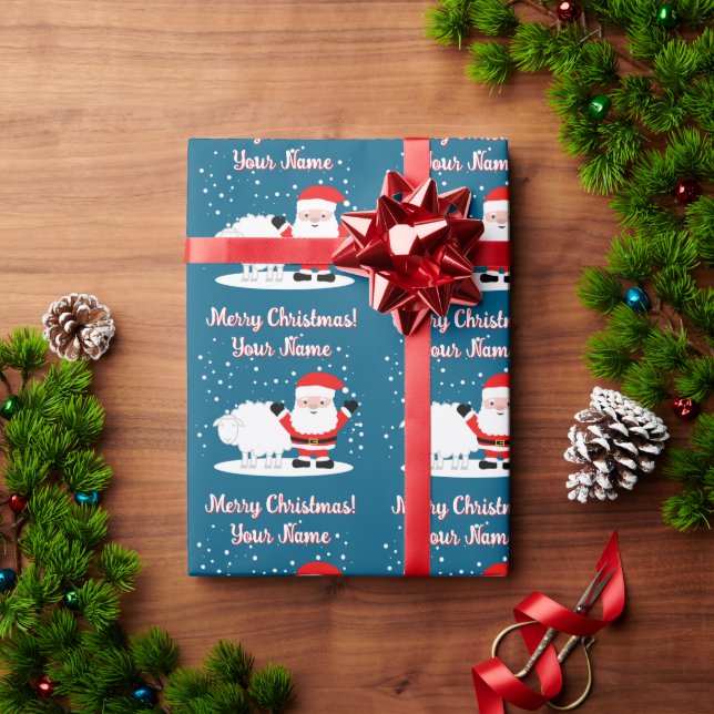 Happy Santa Claus cartoon with sheep Christmas Wrapping Paper (Holiday Gift)