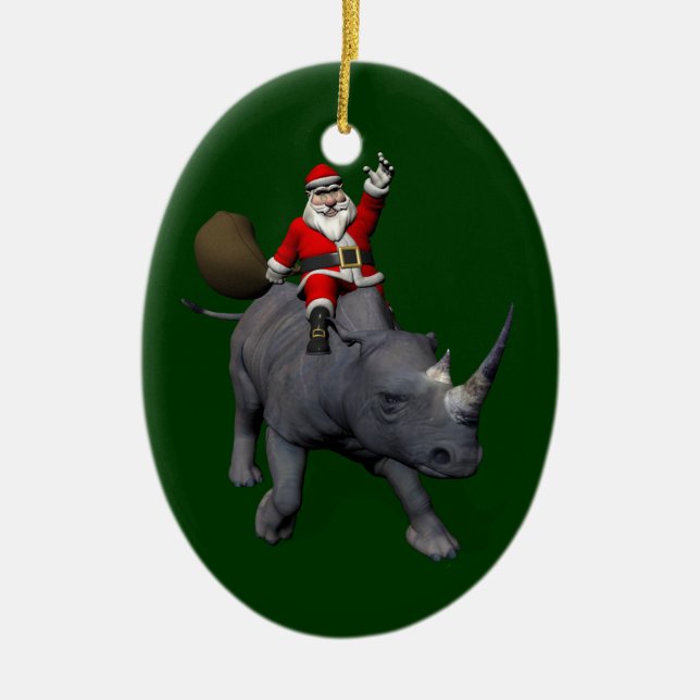 Happy Santa Claus On Rhino Rhinoceros Ceramic Tree Decoration (Front)