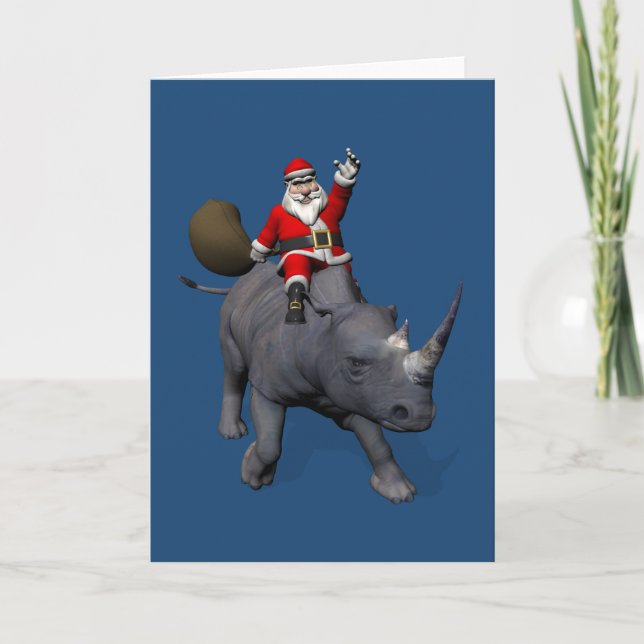 Happy Santa Claus On Rhino Rhinoceros Holiday Card (Front)