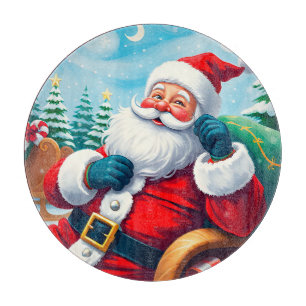 Happy Santa Claus Relaxing in Festive Sleigh Cutting Board