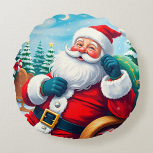 Happy Santa Claus Relaxing in Festive Sleigh Round Cushion