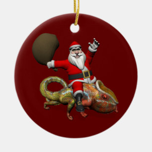 Happy Santa Claus Riding On Colourful Chameleon Ceramic Tree Decoration