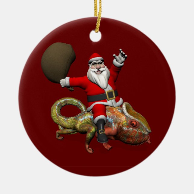Happy Santa Claus Riding On Colourful Chameleon Ceramic Tree Decoration (Front)