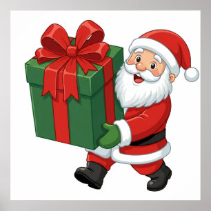 Happy Santa Claus with Big Holiday Gift Box Poster