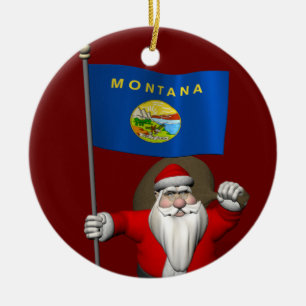 Happy Santa Claus With Ensign Of Montana Ceramic Tree Decoration