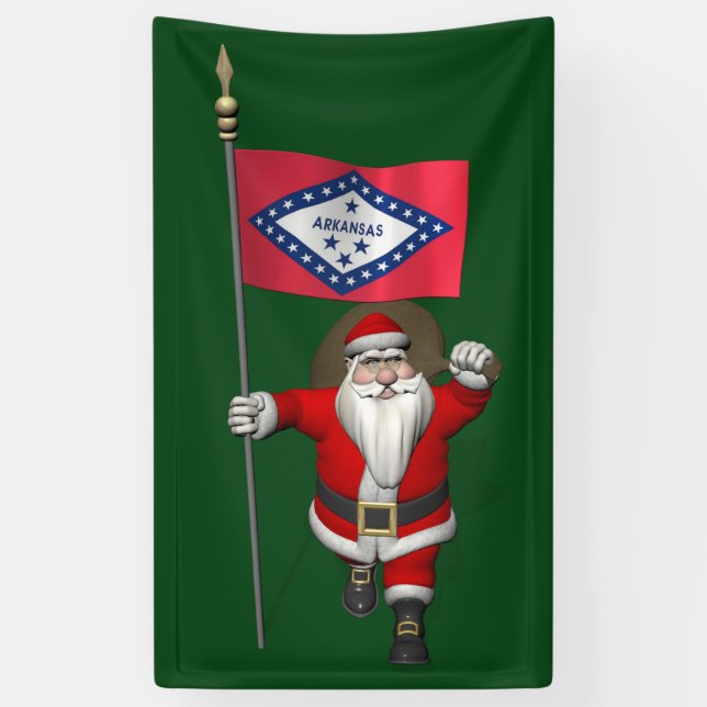 Happy Santa Claus With Flag Of Arkansas Banner (Vertical)