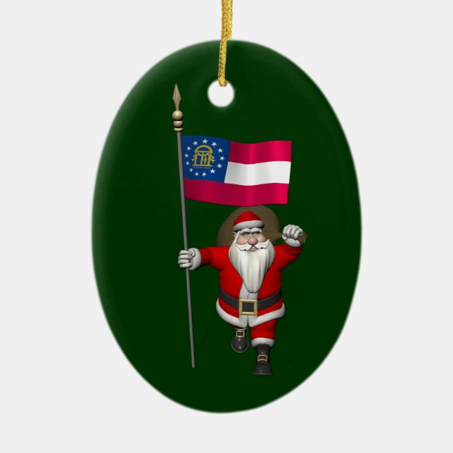 Happy Santa Claus With Flag Of Georgia Ceramic Tree Decoration (Front)