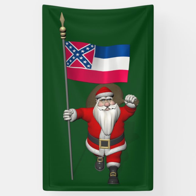 Happy Santa Claus With Flag Of Mississippi Banner (Vertical)