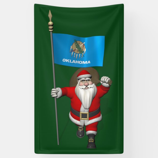 Happy Santa Claus With Flag Of Oklahoma Banner (Vertical)