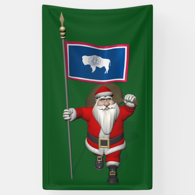 Happy Santa Claus With Flag Of Wyoming Banner (Vertical)