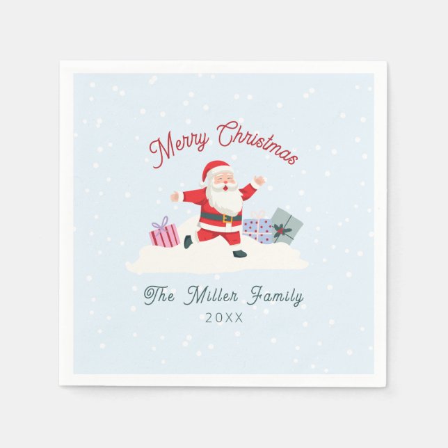 Happy Santa, light blue Christmas Napkin (Front)