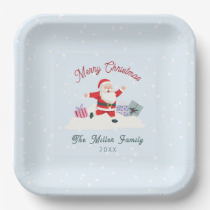 Happy Santa, light blue Christmas Paper Plate